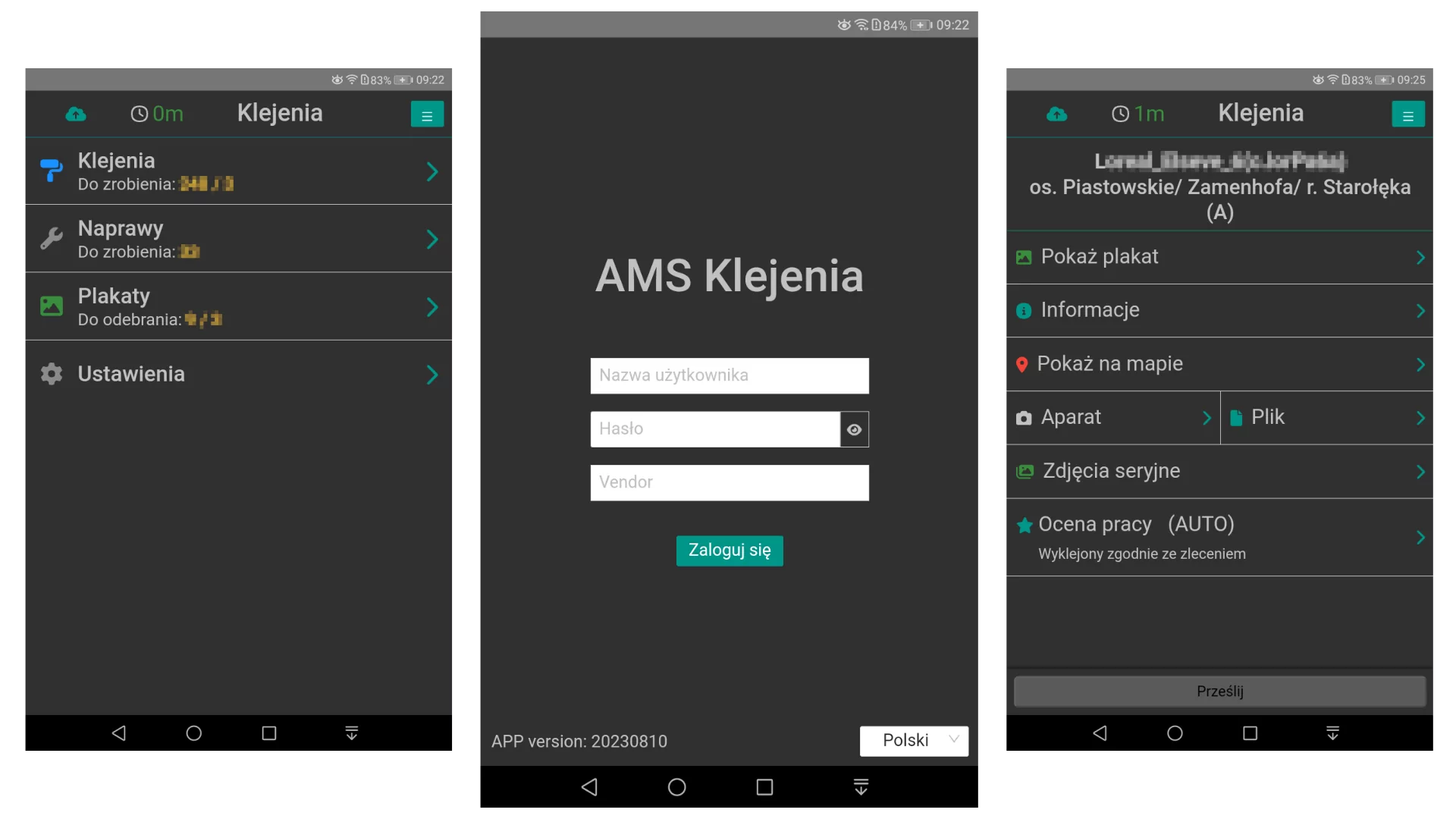 Ciemny motyw aplikacji na tablecie - obraz przedstawiający kilka ekranów aplikacji AMS Klejenia