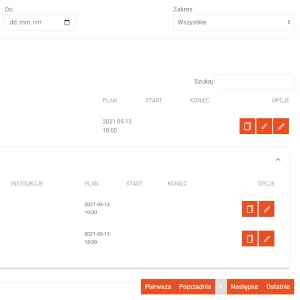 Lista zleceń w panelu spedytora napisanego w frameworku Angular