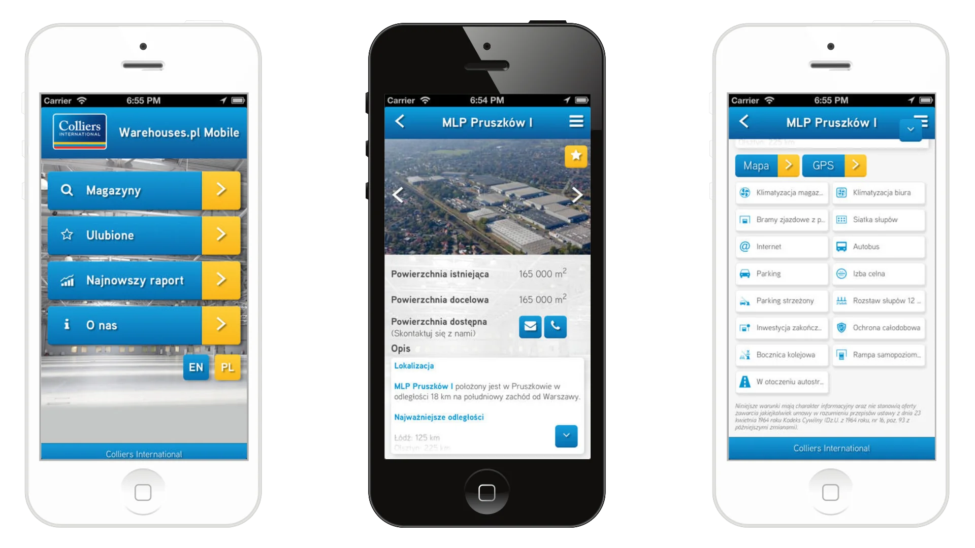 Splash screen, główne menu i widok pojedynczj nieruchomości w aplikacji mobilnej