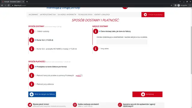 widok RWD procesu zamawiania produktów w drukarni