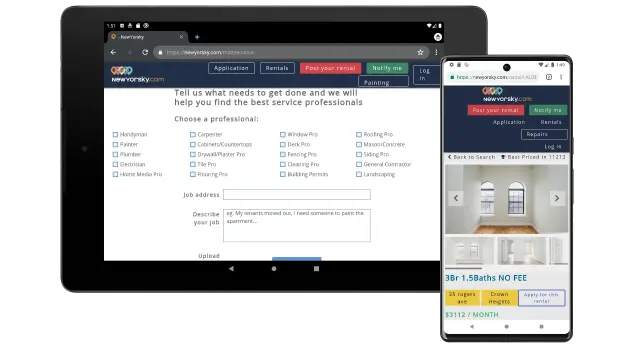 Responsywny design portalu nieruchomości — widok na tablecie i telefonie RWD portalu nieruchomości — tablet + telefon