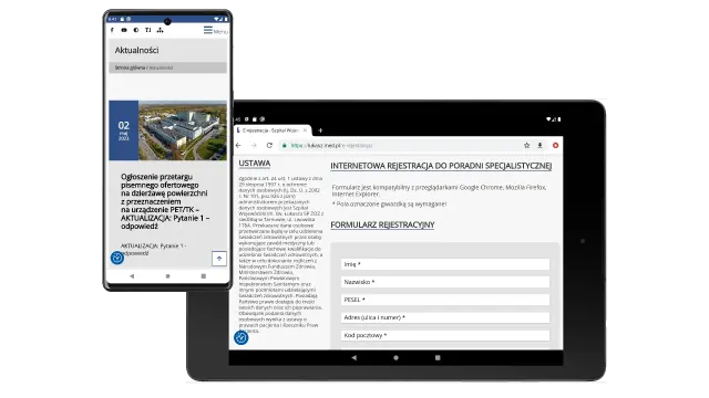 BIP szpitala – responsywny interfejs dostosowany do komputerów i urządzeń mobilnych Biuletyn Informacji Publicznej dla szpitala — przykład responsywności na różnych urządzeniach