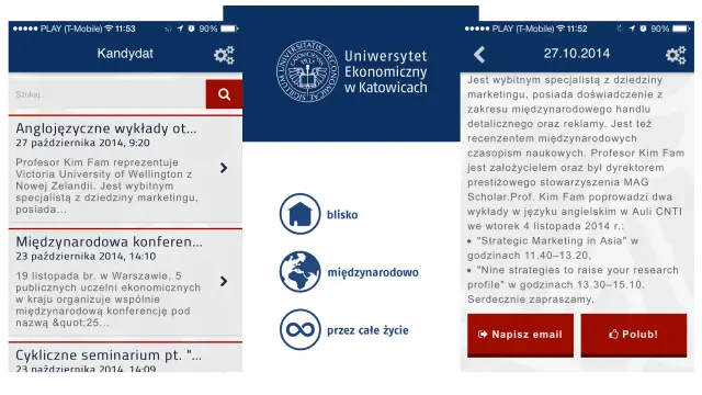 Kilka screenów aplikacji mobilnej dla UE