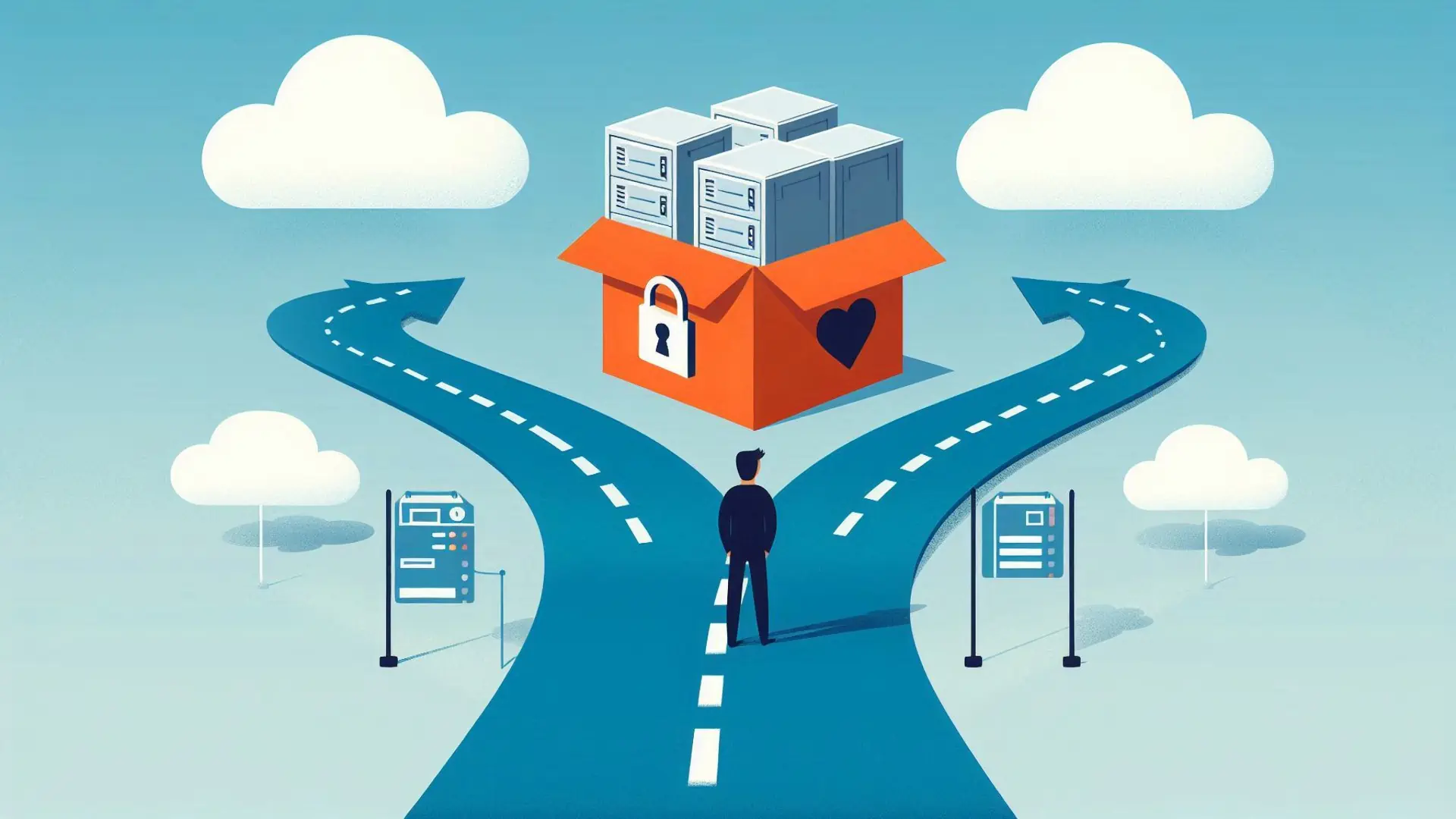 Klient stojący na rozstaju dróg – jedna oznaczona sercem symbolizującym wolność wyboru, druga z kłódką jako metafora uzależnienia od dostawcy.