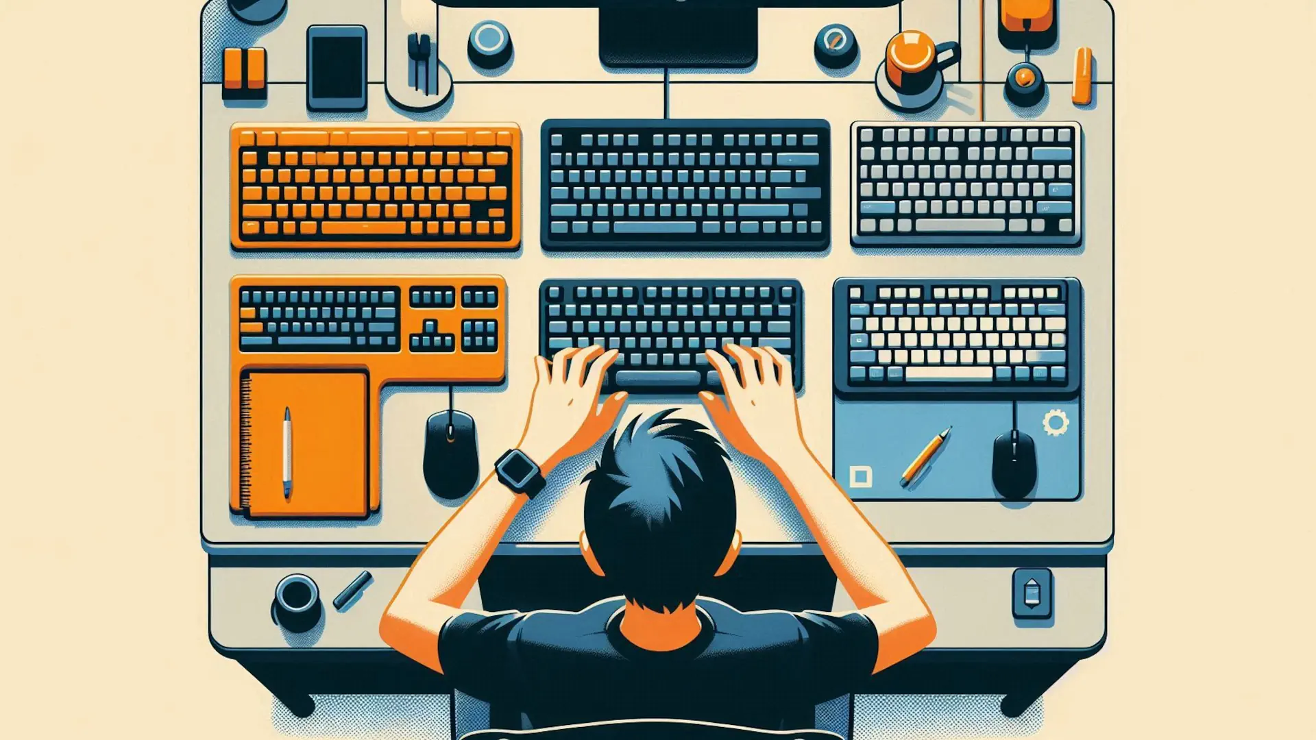Osoba testująca różne rodzaje klawiatur – mechaniczne, ergonomiczne i kompaktowe